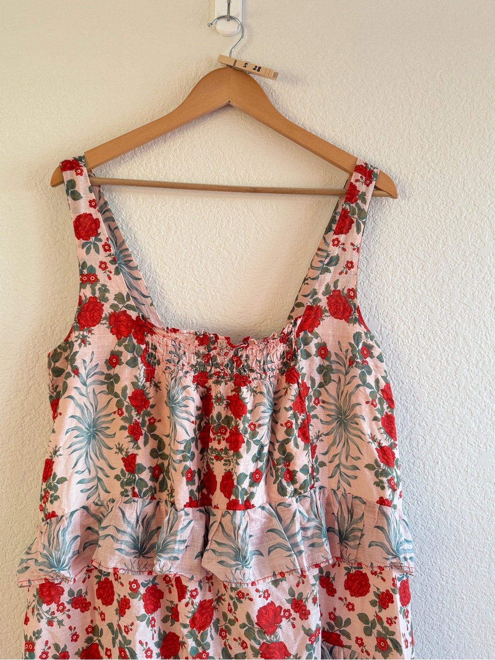 Anthropologie Pink Floral Tiered Sundress with Red Accents - Picture 6 of 13